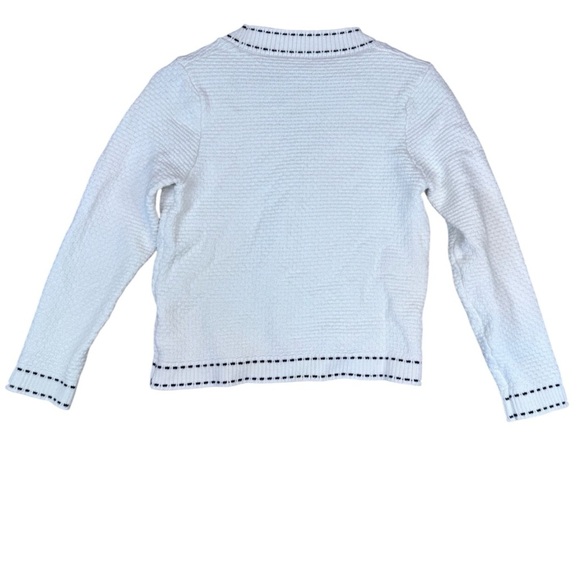 Textured White with Black Stitching Detail, V-Neck Button Up Woman’s Sweater - Picture 6 of 11